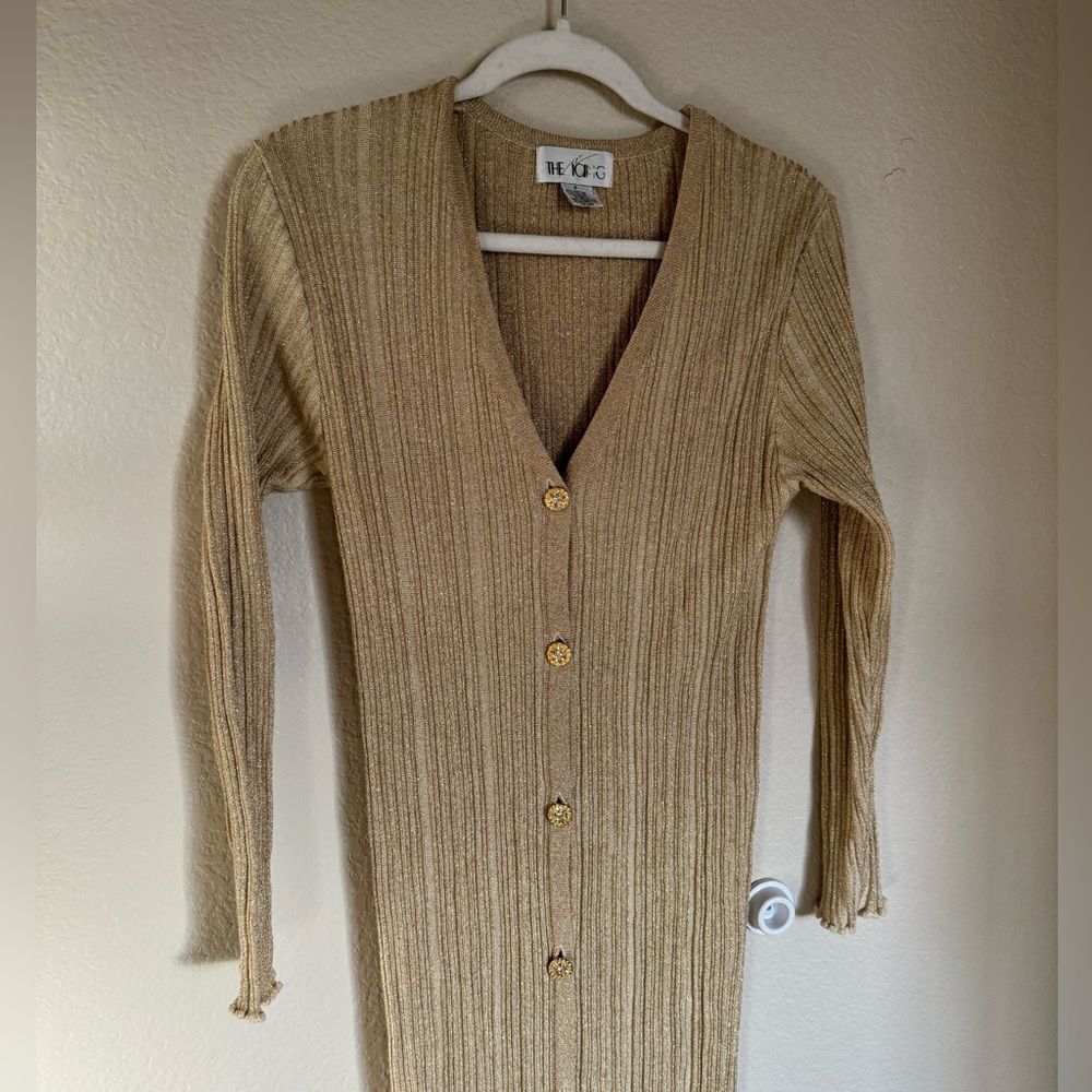 Vintage Metallic Ribbed Cardigan Dress Button Down Sz Small Gold Long/Midi‎